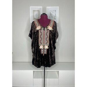 Andree By Unit Top Tunic Women's M  Brown Embroidered Velvet Soft Oversized